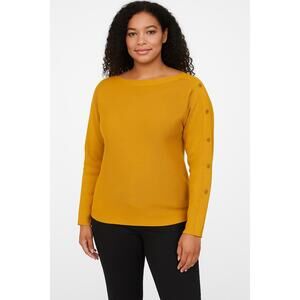 NWT NY And C Mustard Yellow Button Shoulder Boat Neck Long Sleeve Pullover Sweat